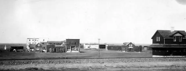 Panoramic view of Robsart's early buildings from the railway
